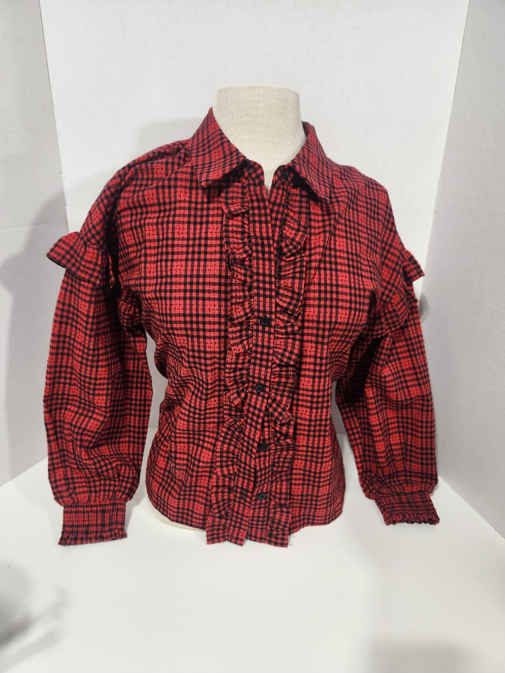 Red Plaid Ruffle Button-Front Women's Shirt